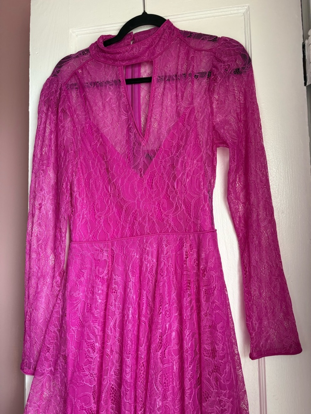 NWT BCBGMAXAZRIA Magenta Pink Lace Cutout Asymmetrical Midi Dress Size 8 - Picture 5 of 8